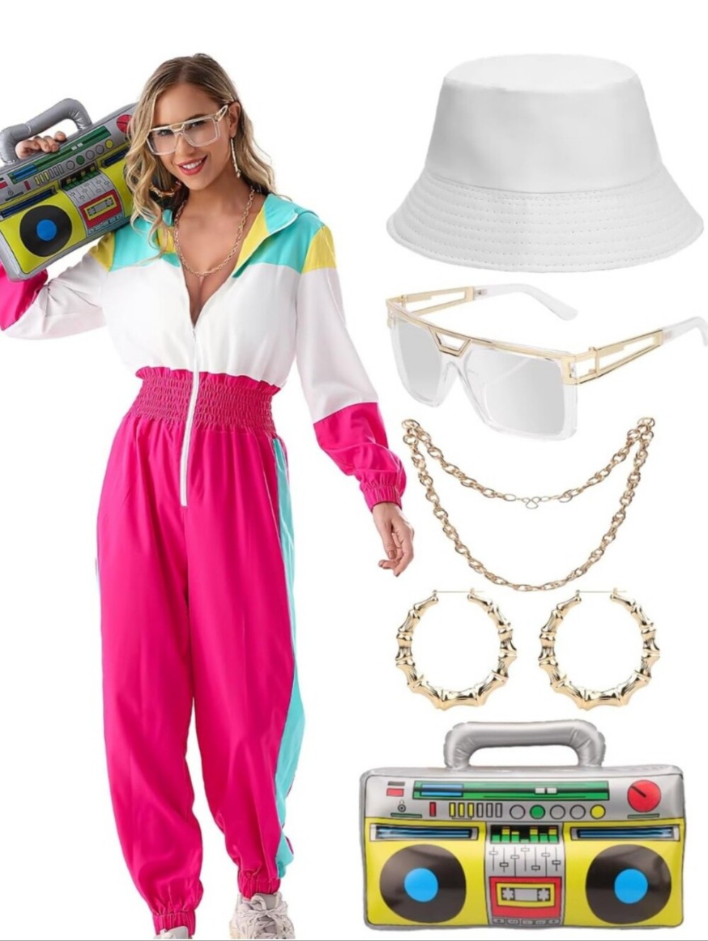 80s 90s Tracksuit Costume Jumpsuit Windbreaker Style with Accessories Colorblock